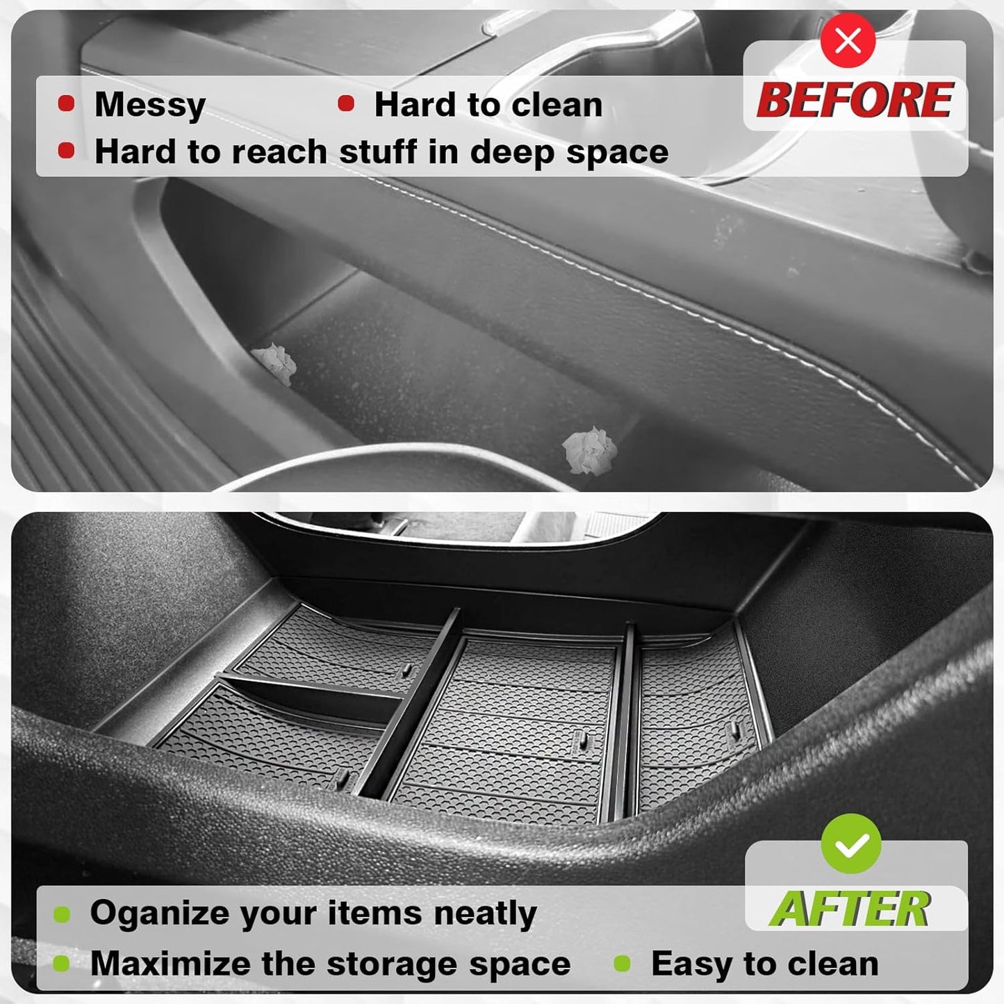 Muslogy Lower Center Console Organizer Compatible with 2024 2025 GMC Acadia & Chevy Traverse Accessories Interior Storage Divider Bottom Insert Tray with Anti-Slip Mats