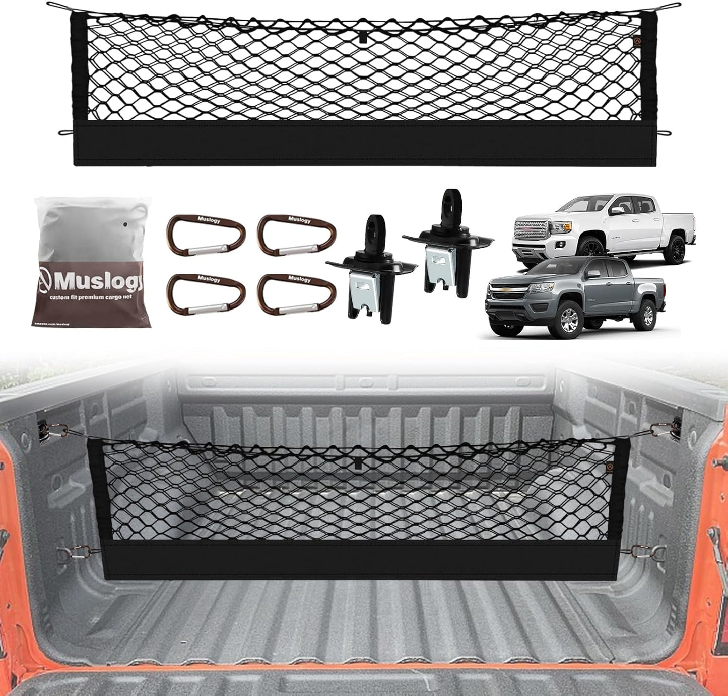Muslogy Truck Bed Cargo Net Compatible with Chevrolet Colorado & GMC Canyon 2023 2024 2025 Accessories Storage Organizer Pickup Truck Bed Envelope Style Cargo Net with Heavy Duty Carabiners