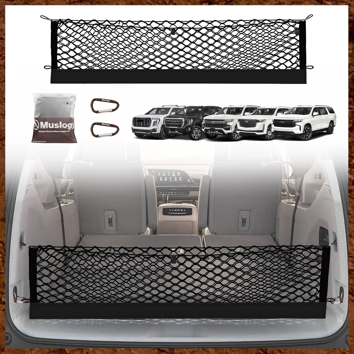 Muslogy Envelope Style Trunk Cargo Net Compatible with 2021-2025 Chevy Suburban&Tahoe, GMC Yukon&Yukon XL, Cadillac Escalade Accessories Upgraded Mesh Storage Luggage Net with Metal Hooks