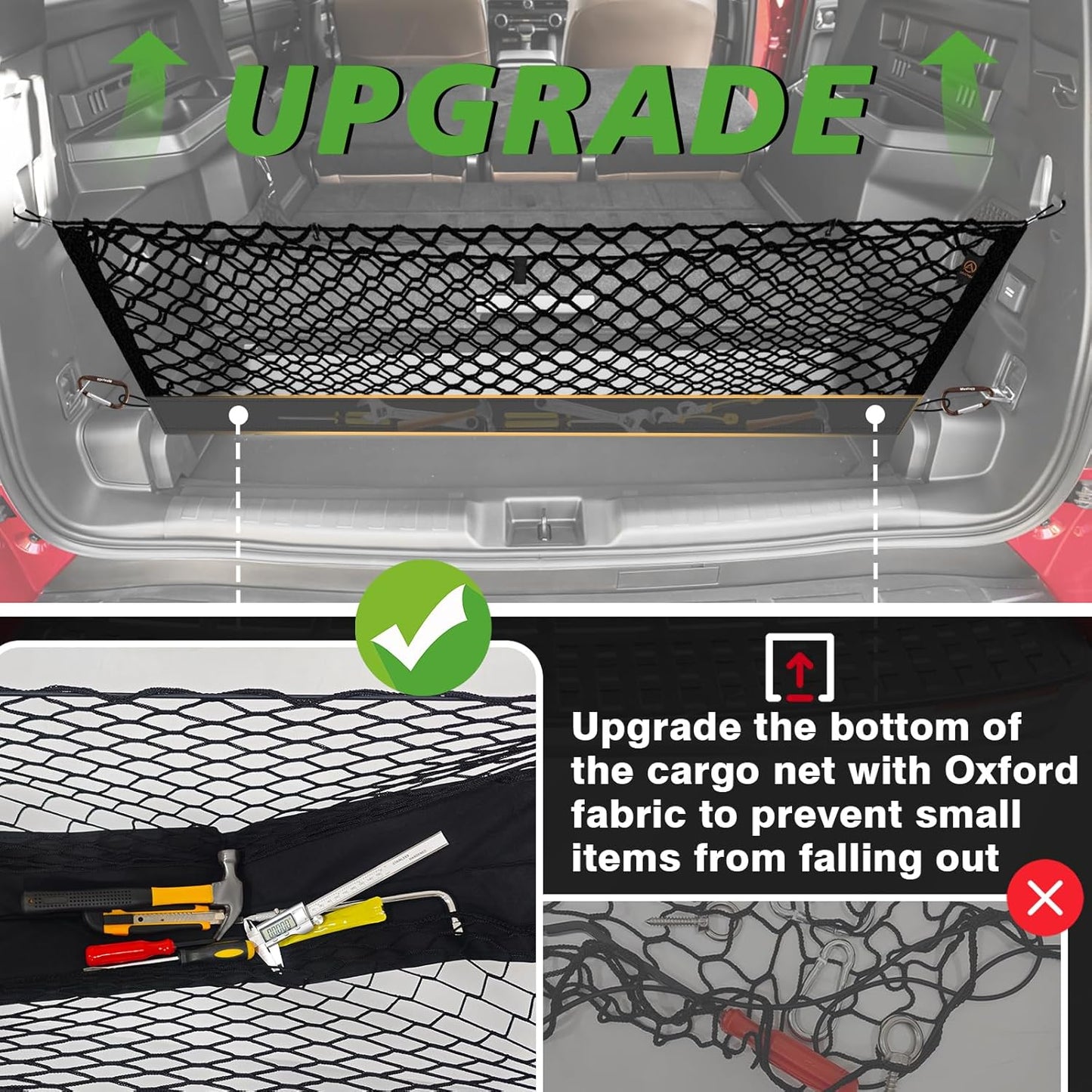 Muslogy Envelope Style Trunk Cargo Net Compatible with 2025 Toyota 4Runner Accessories Custom Fit Trunk Organizer Upgraded Mesh Storage Luggage Net with Metal Hooks
