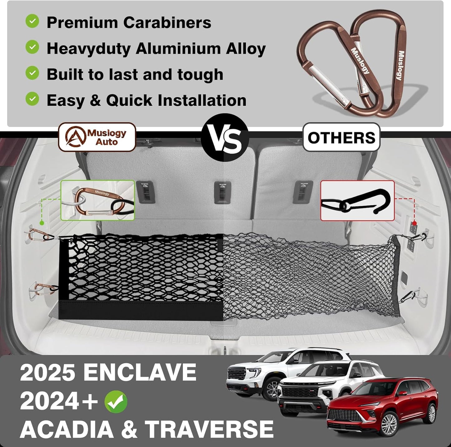 Muslogy Envelope Style Trunk Cargo Net Compatible with 2024 2025 GMC Acadia & Chevy Traverse & 2025 Buick Enclave Accessories Upgraded Mesh Storage Luggage Net with Metal Hooks