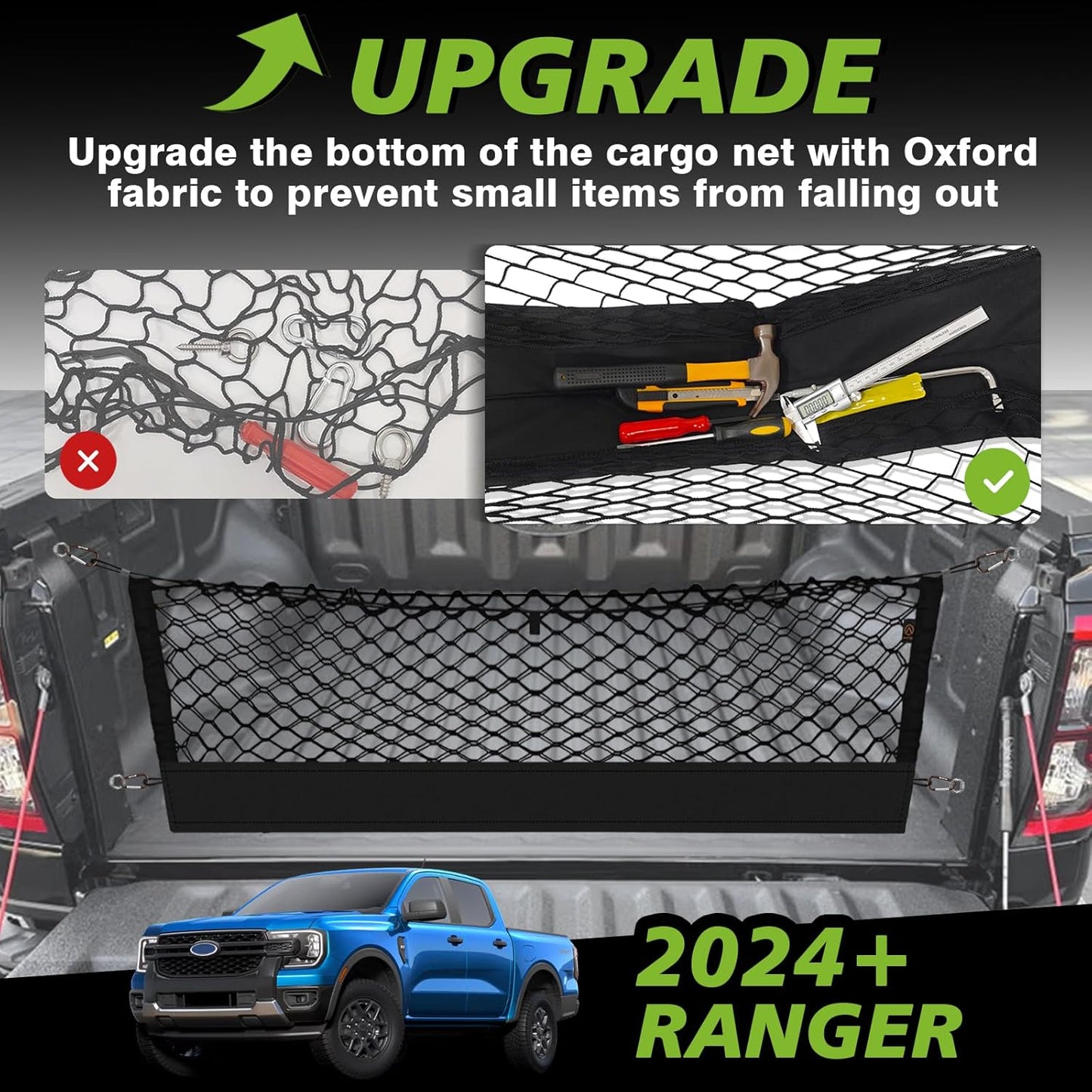 Muslogy Truck Bed Cargo Net Compatible with Ford Ranger 2024 2025 Accessories Storage Organizer Pickup Truck Bed Envelope Style Cargo Net with Heavy Duty Carabiners