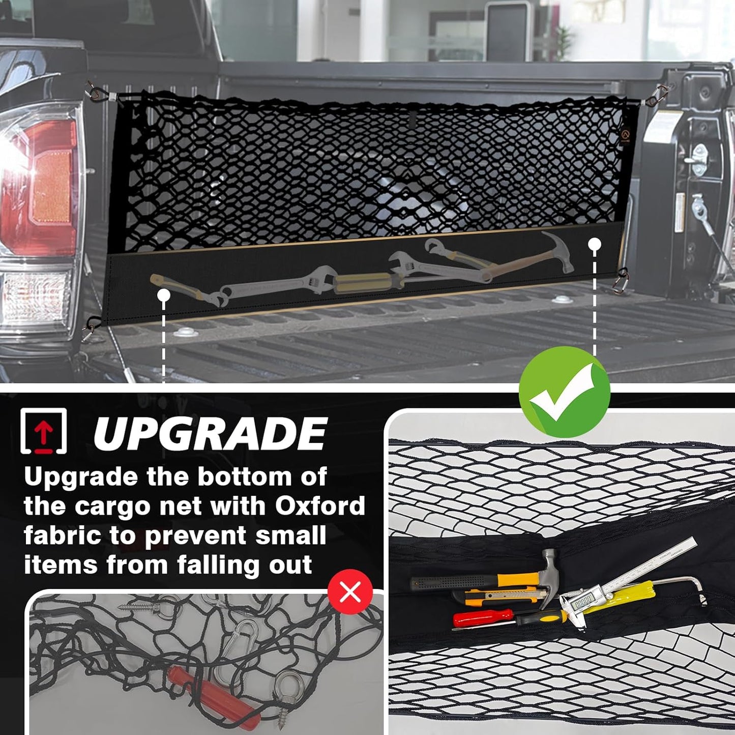 Muslogy Truck Bed Cargo Net Compatible with Toyota Tacoma 2005-2022 2023 Accessories Storage Organizer Pickup Truck Bed Envelope Style Cargo Net with Heavy Duty Carabiner