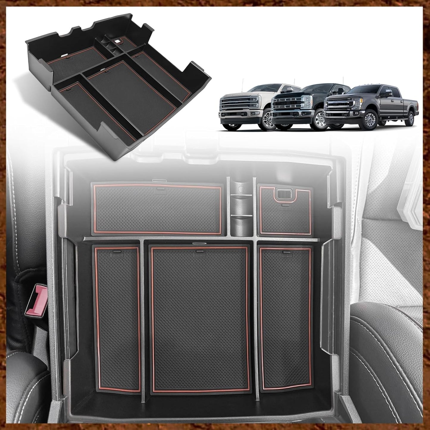 Muslogy Center Console Organizer For 2023-2025 Ford F250 F350 F450 Super Duty Accessories Custom Fit Storage Box Divider(Fit with OEM Tray), Fits Bucket Seats Only, Not for Work Surface Console(Black)