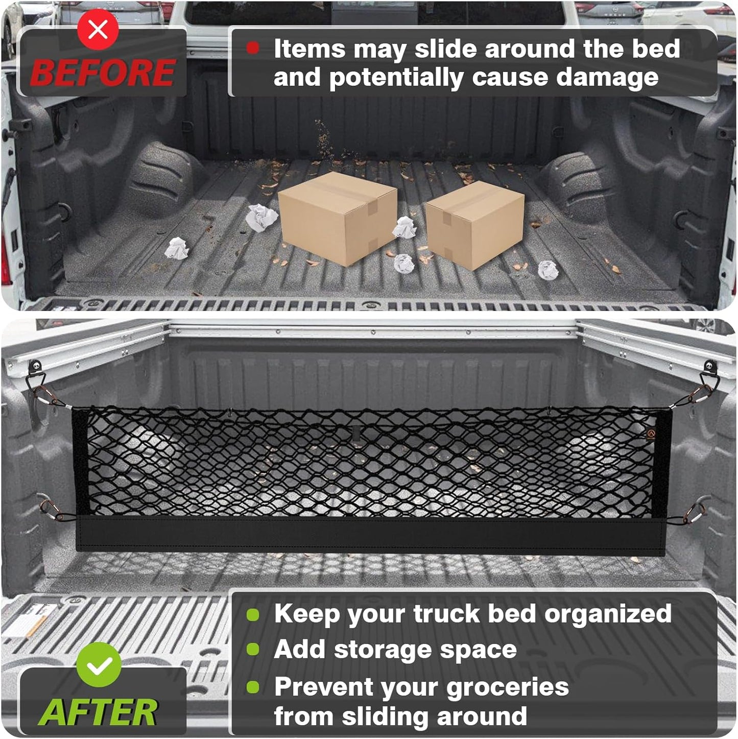 Muslogy Truck Bed Cargo Net Compatible with Nissan Titan 2017-2025 Accessories Storage Organizer Pickup Truck Bed Envelope Style Cargo Net with Heavy Duty Carabiners
