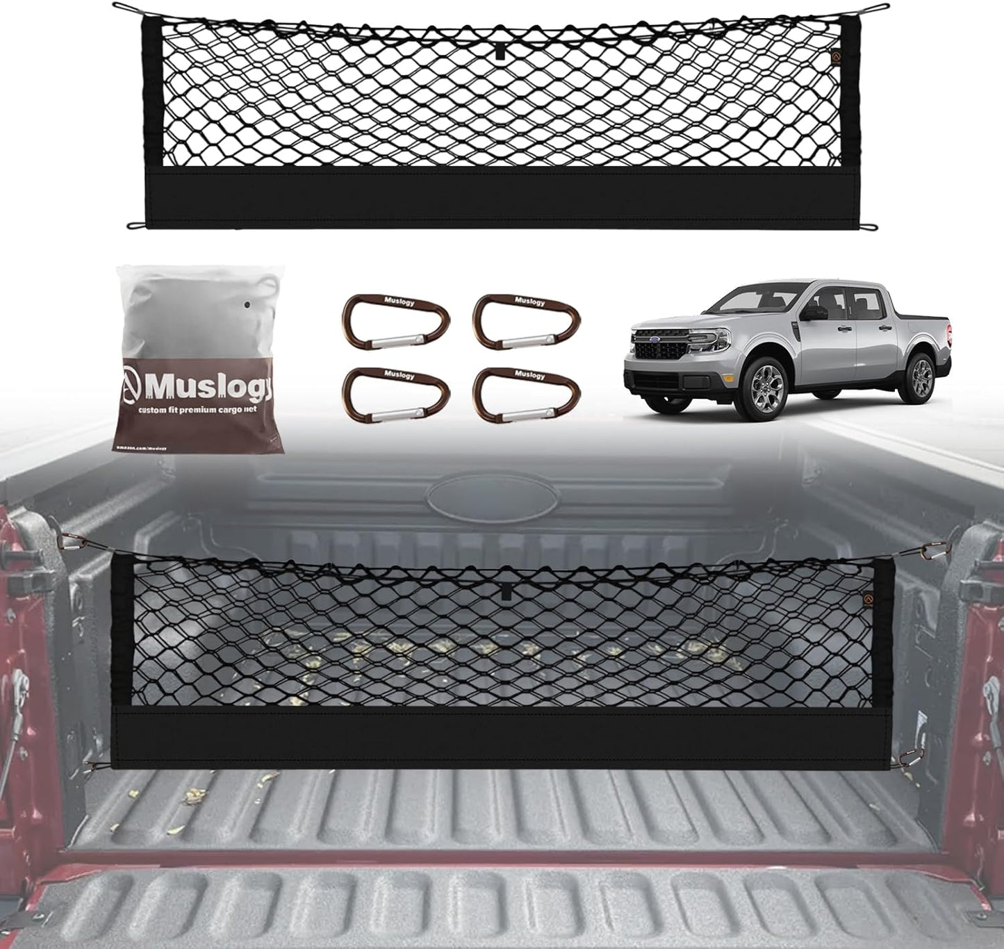 Muslogy Truck Bed Cargo Net Compatible with 2022-2024 2025 Ford Maverick Accessories Envelope Style Bed Net Trunk Organizer - Upgraded Support Stability Rope with Metal Carabiners Tight Fit, Won't Sag