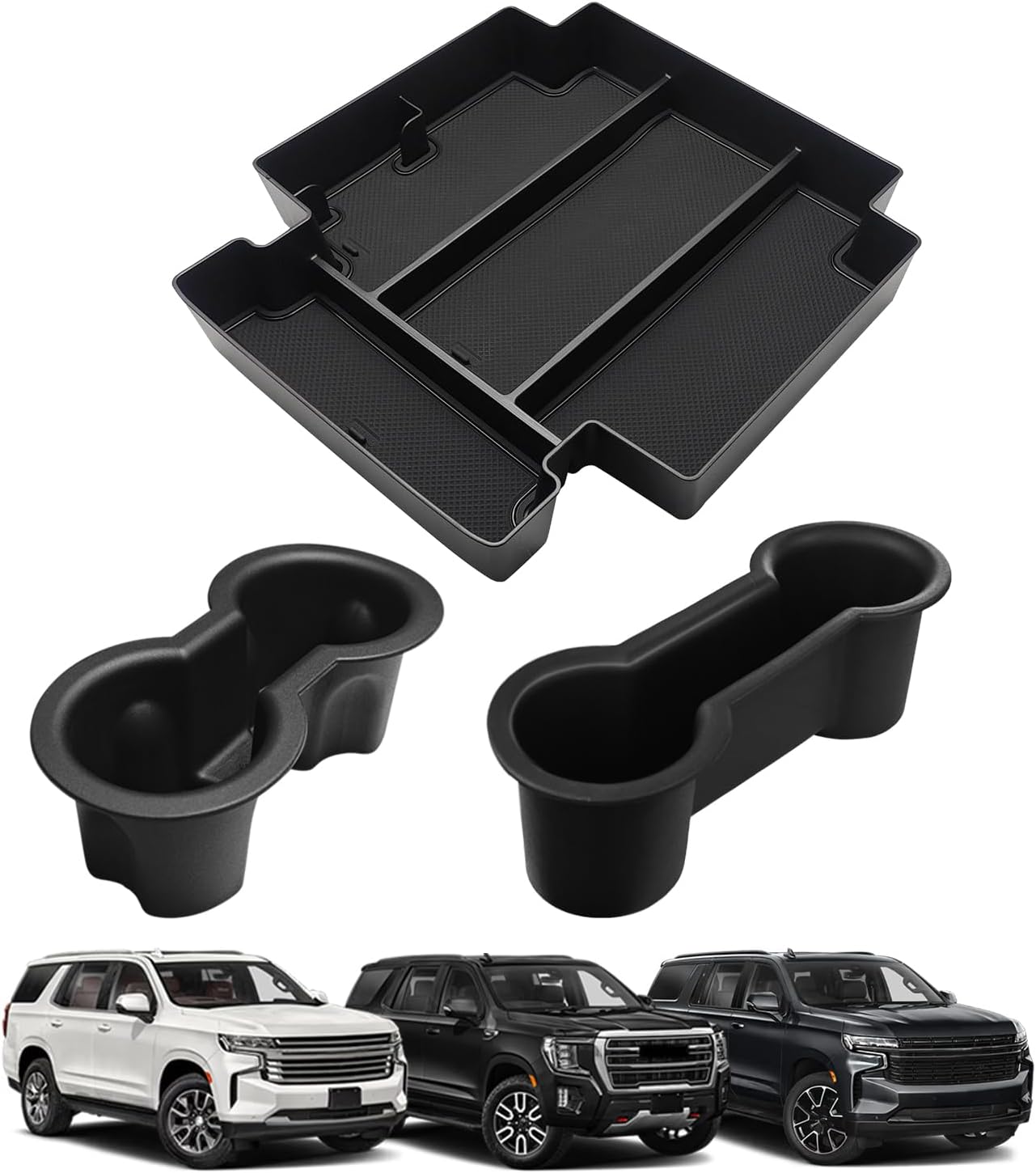 Muslogy Center Console Organizer & Cup Holder Inserts Compatible with 2021-2024 GMC Yukon Chevy Tahoe Suburban Accessories Front & Rear Drink Holder & Armrest Storage Box(Power Sliding Console)
