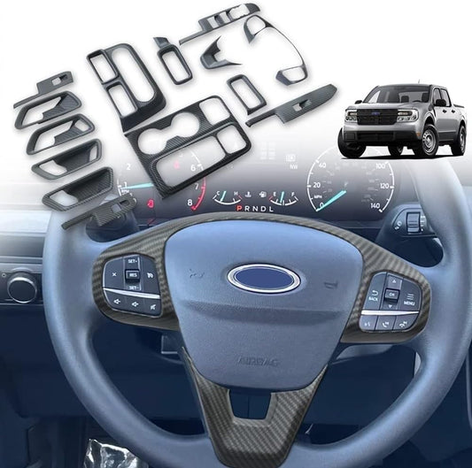 Muslogy for Maverick Set 14 Pcs Interior Decoration Trim Kit Overlays Steering Wheel Center Console Vent Window Switch Inner Door Cover Compatible with Ford Maverick 2022-2024 2025(Matt Carbon Fiber)
