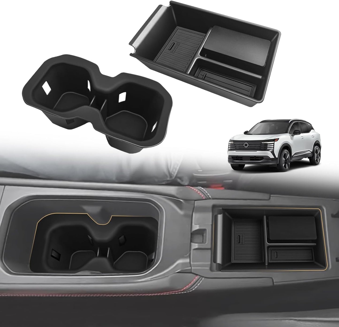 Muslogy Center Console Organizer & Cup Holder Insert 2PCS Set Compatible with 2025 Nissan Kicks Accessories Armrest Box Divider Storage Tray and Drink Stopper Non-Slip (Console Tray & CupHolder)