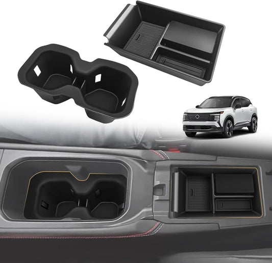 Muslogy Center Console Organizer & Cup Holder Insert 2PCS Set Compatible with 2025 Nissan Kicks Accessories Armrest Box Divider Storage Tray and Drink Stopper Non-Slip (Console Tray & CupHolder)