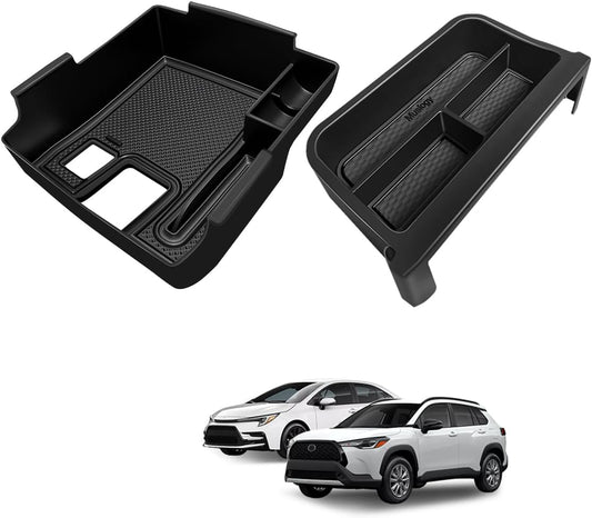 Muslogy Center Console Organizers Compatible with 2020-2025 Toyota Corolla & 2022-2025 Corolla Cross Accessories Dashboard Insert Behind 8-inch Screen & Middle Console Tray 2PCS (Not for 2026 Model)