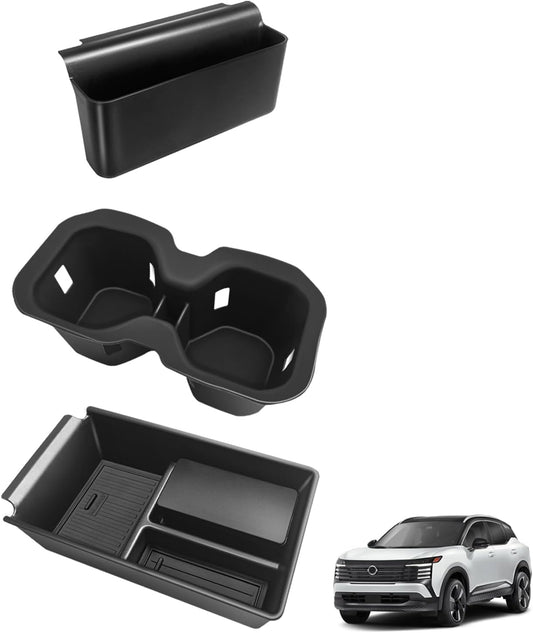 Muslogy Center Console Organizer & Cup Holder Insert 3PCS Set Compatible with 2025 Nissan Kicks Armrest Box Divider Gear Shift Storage Pocket Drink Stopper (Console Tray & Side Pocket & CupHolder)