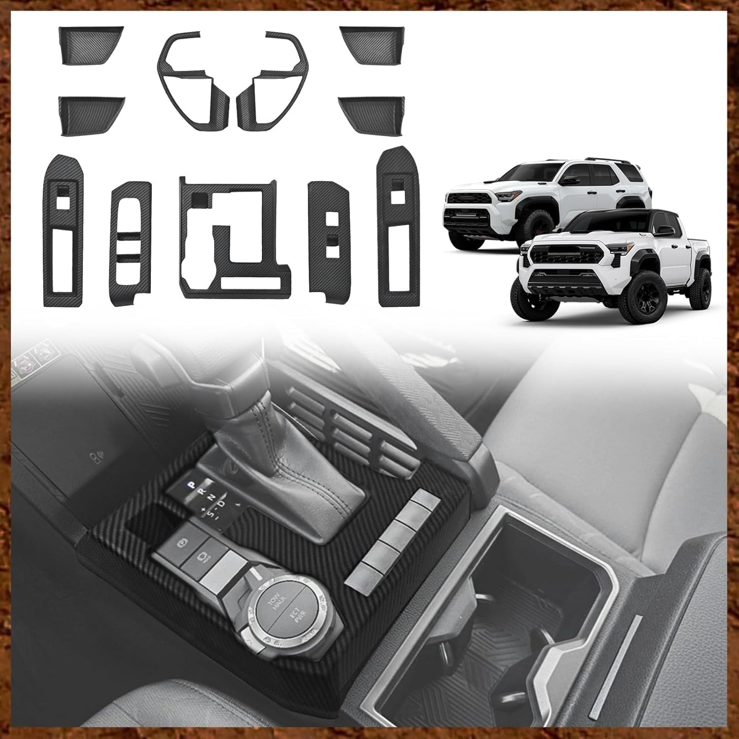 Muslogy Interior Trim Kit Cover 11PCS Compatible with 2024 2025 Toyota Tacoma&2025 4Runner Steering Wheel Center Console Window Switch Inner Door Cover(Won't Fit 2Door Tacoma) (Matte Carbon Fiber)