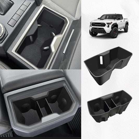 Muslogy Center Console Front&Rear Cup Holder Inserts Compatible with 2024 2025 Toyota Tacoma Accessories Middle Console and Rear Armrest CupHolder Silicone Rubber Organizer 2PCS Set