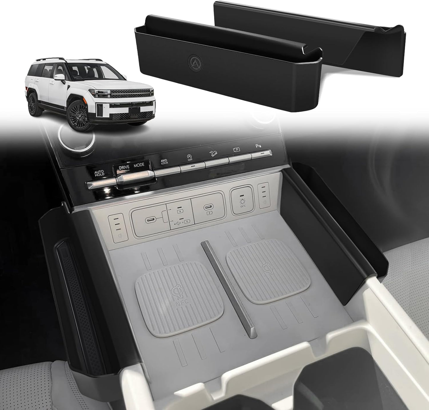 Muslogy Console Organizer Compatible with 2024 2025 Hyundai Santa Fe Accessories Middle Console Storage Box Left & Right Set Interior Phone Pocket with Anti-Slip Mats