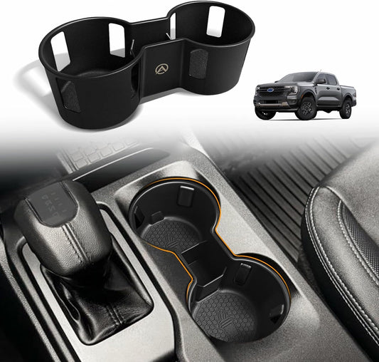 Muslogy Center Console Cup Holder Inserts Compatible with 2024 2025 Ford Ranger Accessories Middle Console Drink Holder Silicone Black Organizer Non-Slip Drink Stopper