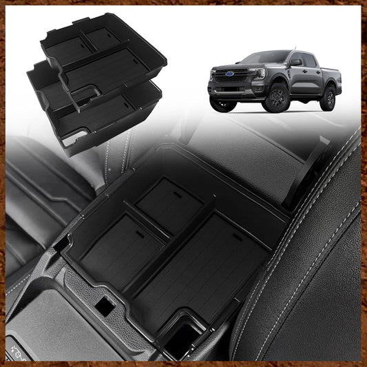 Muslogy Center Console Organizer Compatible with Ford Ranger 2024 2025 & Raptor Accessories Two-Layer Storage Box Insert Tray Secondary Storage Divider Armrest Tray ABS Material Glove Box (Black)