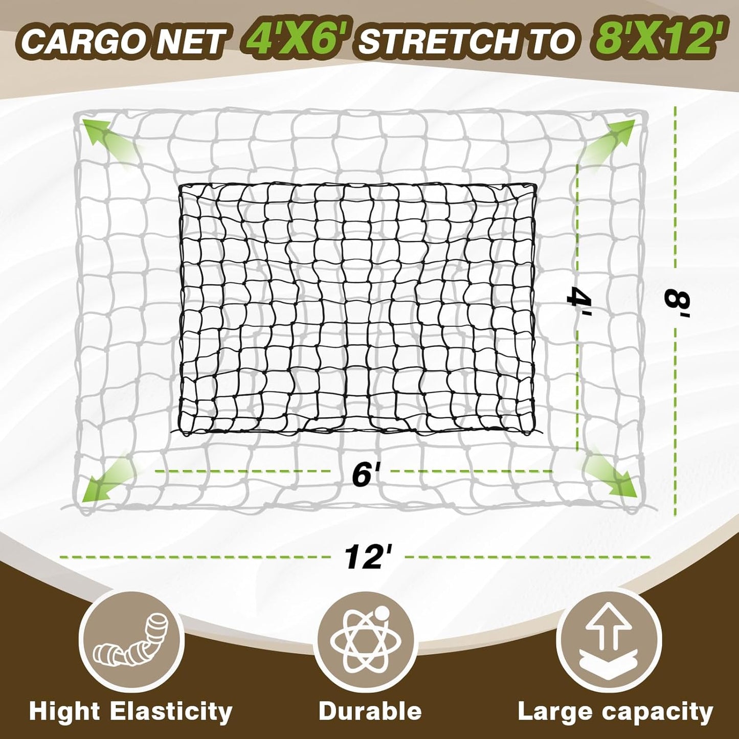Muslogy Cargo Net Compatible with Pickup Truck Bed Organizer Divider Stretchable 4'x6' to 8'x12' High Elastic Trailer Accessories Storage Bungee Mesh with 14 Metal Carabiners (Upgraded 6mm Latex)