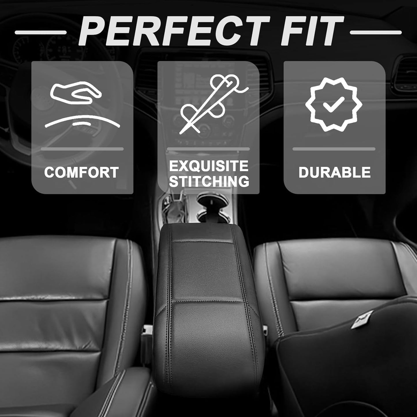 Muslogy Center Console Armrest Cover Compatible with 2011-2021 Jeep Grand Cherokee & 2011+ Dodge Durango Comfort Armrest Pad Arm Rest Cushion Vegan Leather Protector Regular Thick