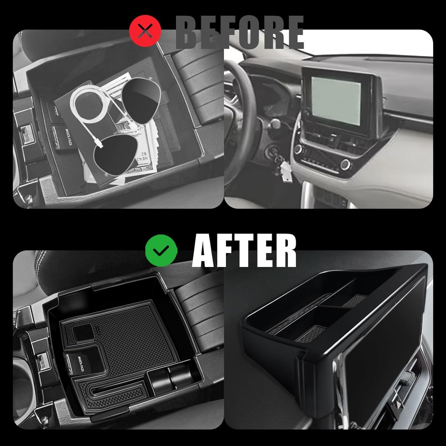 Muslogy Center Console Organizers Compatible with 2020-2025 Toyota Corolla & 2022-2025 Corolla Cross Accessories Dashboard Insert Behind 8-inch Screen & Middle Console Tray 2PCS (Not for 2026 Model)