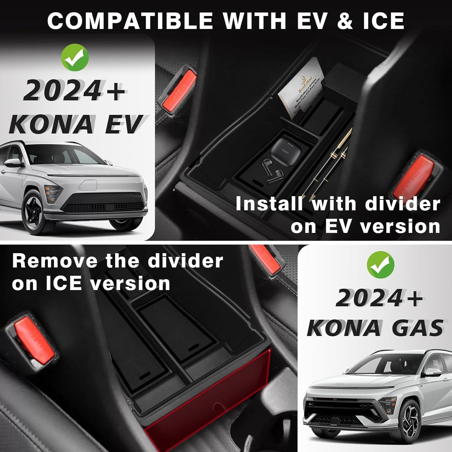 Muslogy Center Console Organizer Compatible with 2024 Hyundai Kona/Kona EV Accessories Middle Console Storage Box Coin Holder Won't fit SE SEL Trim (Black)