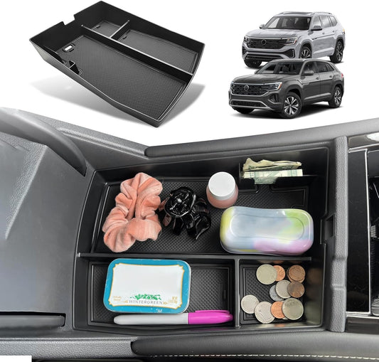 Muslogy 24 NEW Center Console Organizer Compatible with 2024 2025 Volkswagen Atlas/Cross Sport Accessories Armrest Box Console Tray with Coin Holder Storage Insert (Center Console Tray)