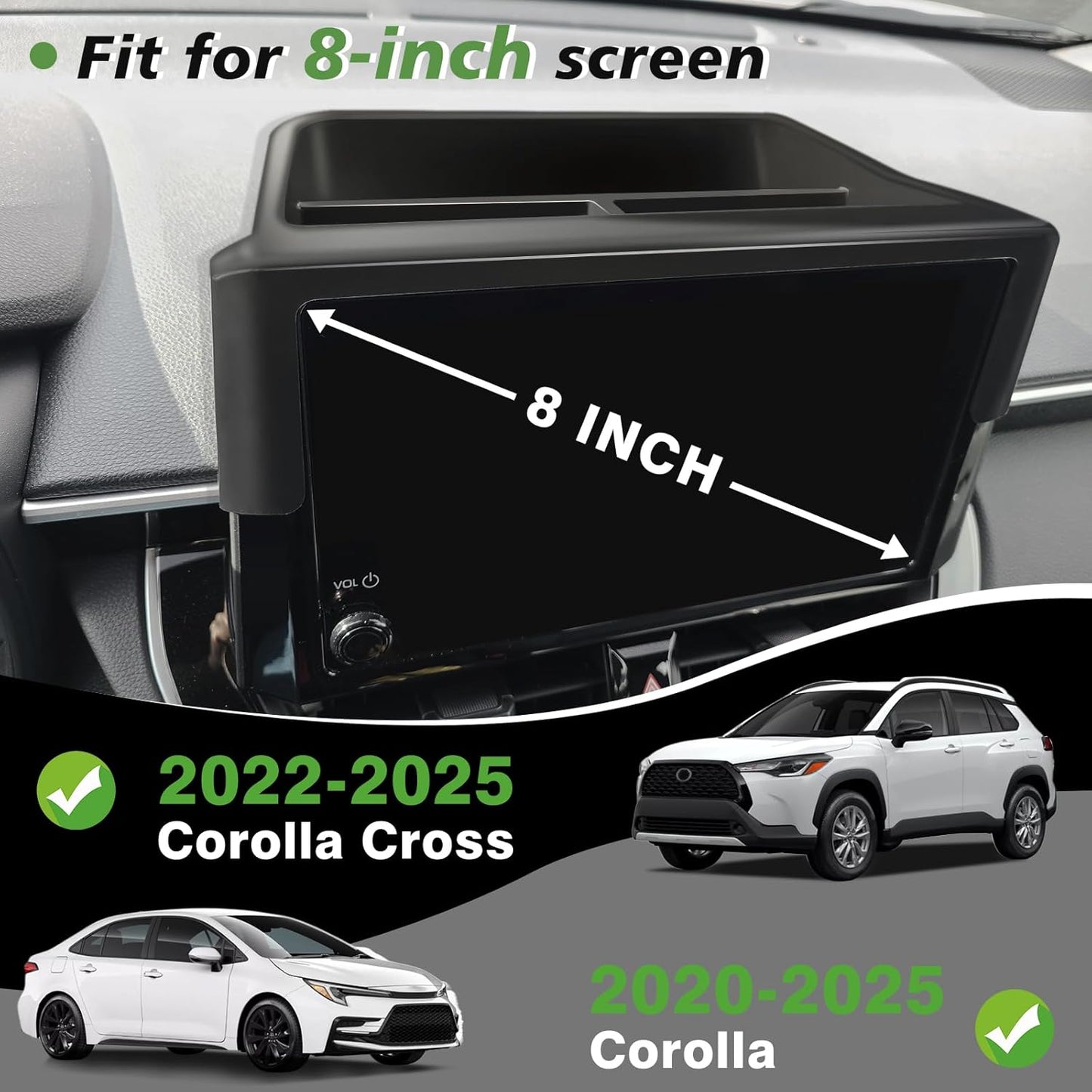 Muslogy Center Console Organizers Compatible with 2020-2025 Toyota Corolla & 2022-2025 Corolla Cross Accessories Dashboard Insert Behind 8-inch Screen & Middle Console Tray 2PCS (Not for 2026 Model)