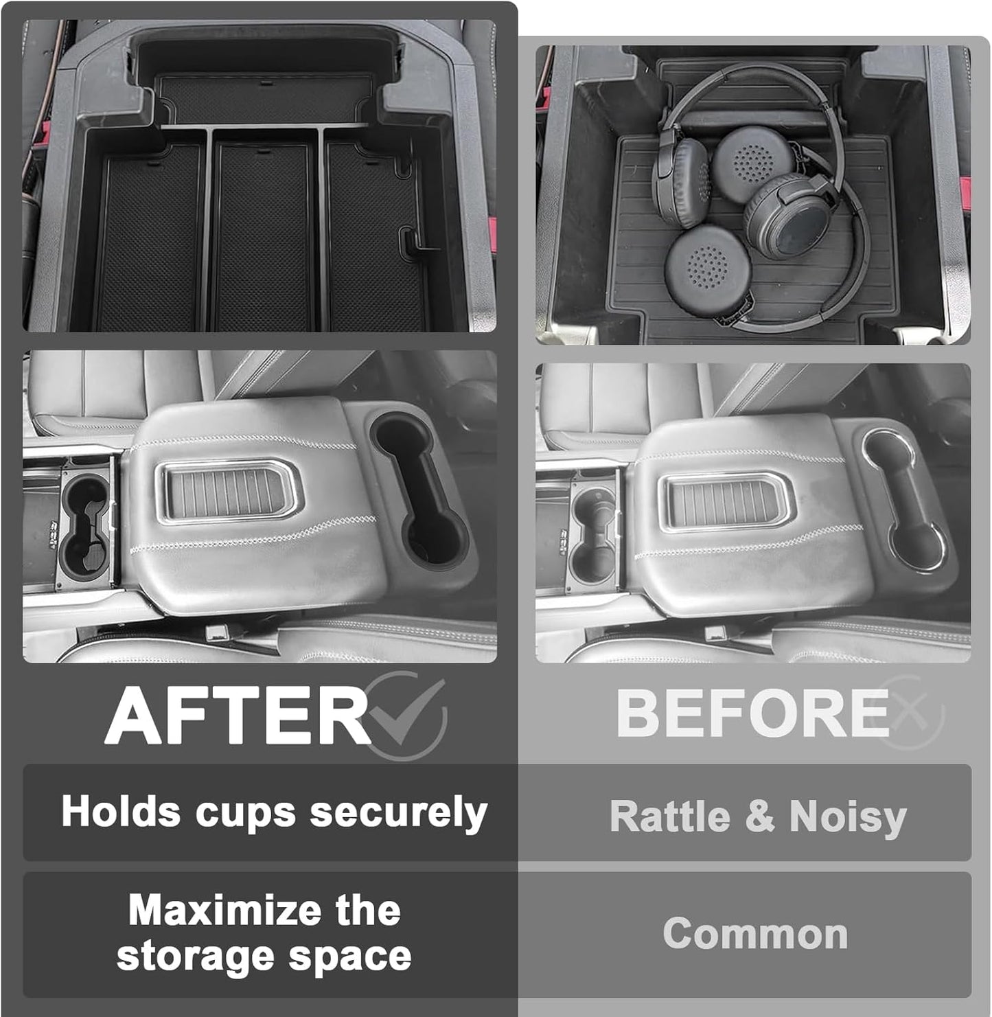 Muslogy Center Console Organizer & Cup Holder Inserts Compatible with 2021-2024 GMC Yukon Chevy Tahoe Suburban Accessories Front & Rear Drink Holder & Armrest Storage Box(Power Sliding Console)