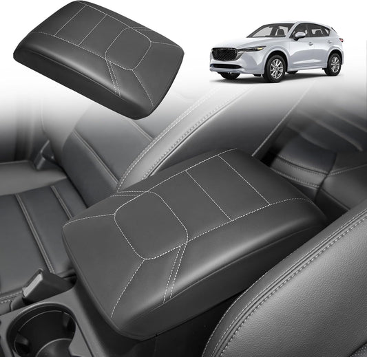 Muslogy Armrest Pad Center Console Cover Compatible with Mazda CX-5 2025 2024 2023-2017 CX5 Accessories Middle Console Cover Cushion Vegan Leather Armrest Lid Protector (Black/Whtie Stitching)