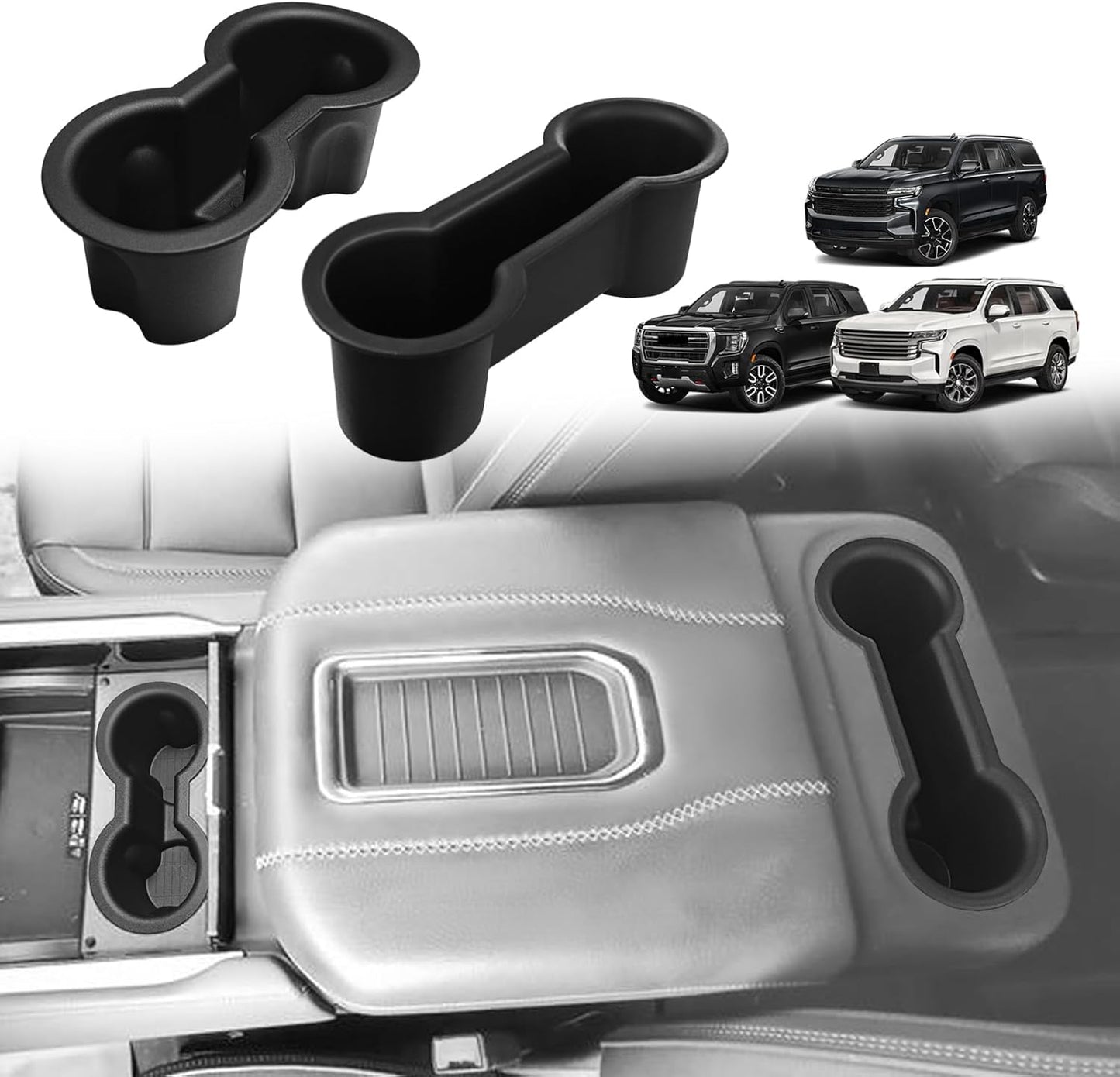 Muslogy Center Console Cup Holder Inserts Compatible with 2021-2023 2024 GMC Yukon Chevy Tahoe Suburban Accessories Middle Console Silicone Organizer Front & Rear Non-Slip Drink Stopper 2PCS Set