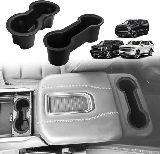 Muslogy Center Console Cup Holder Inserts Compatible with 2021-2023 2024 GMC Yukon Chevy Tahoe Suburban Accessories Middle Console Silicone Organizer Front & Rear Non-Slip Drink Stopper 2PCS Set
