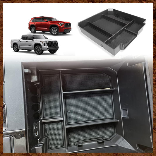 Muslogy Center Console Organizer Compatible with 2022 2023 2024 2025 Toyota Tundra Accessories & 2023-2025 Sequoia Console Storage Box Divider Insert Tray ABS Material with Non-Slip Mats(Rubber Black)