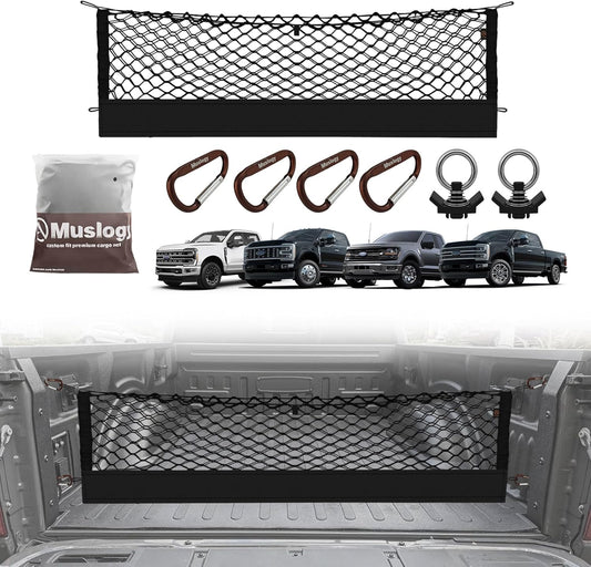 Muslogy Truck Bed Cargo Net Compatible with 2015+ Ford F150 & 2017+ F250/F350/F450 Accessories Storage Organizer Envelope Net with Mounting Snap-in Anchors Patent Pending (Not for Spray-in Liner Beds)