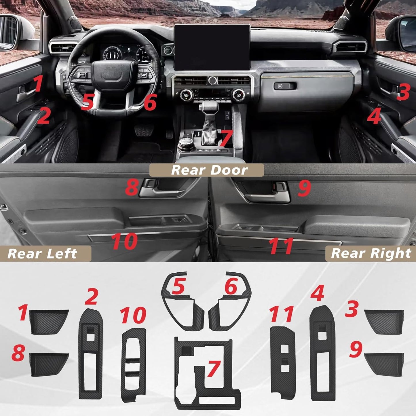 Muslogy Interior Trim Kit Cover 11PCS Compatible with 2024 2025 Toyota Tacoma&2025 4Runner Steering Wheel Center Console Window Switch Inner Door Cover(Won't Fit 2Door Tacoma) (Matte Carbon Fiber)