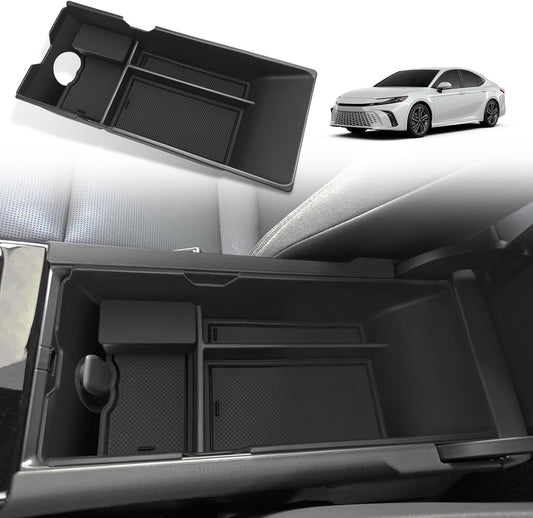 Muslogy Center Console Organizer Compatible with 2025 Toyota Camry LE SE XLE XSE Accessories Middle Storage Box with Removable Coin Holder Insert Tray Interior Secondary Accessories (Black)