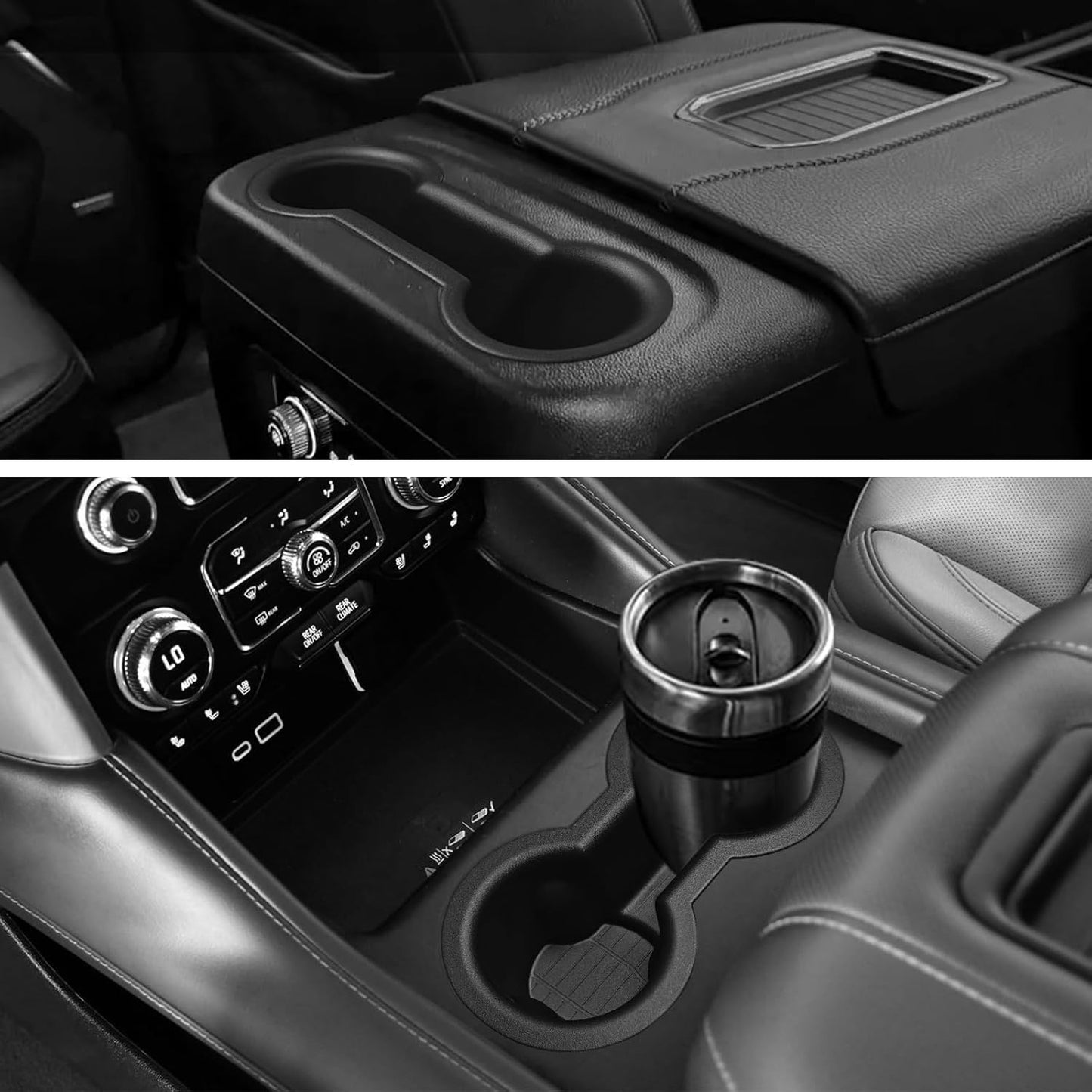 Muslogy Center Console Organizer & Cup Holder Inserts Compatible with 2021-2024 GMC Yukon Chevy Tahoe Suburban Accessories Front & Rear Drink Holder & Armrest Storage Box(Power Sliding Console)