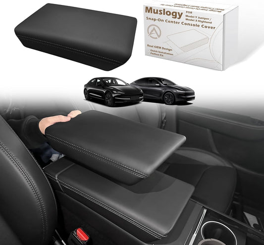 Muslogy Center Console Armrest Cover Compatible with 2026+ Tesla Model Y Juniper / 2024+ Model 3 Highland Comfort Armrest Pad Arm Rest Cushion Non-Slip (25+ |Juniper| Snap-On Black, Hard Cover)