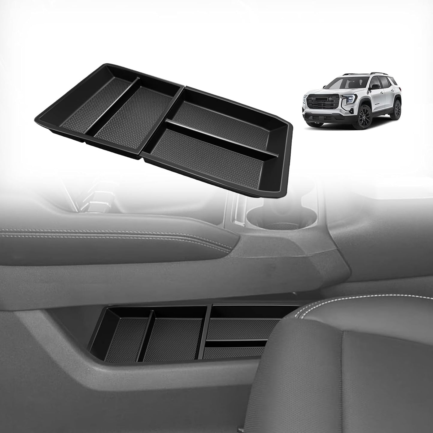 Muslogy Lower Center Console Organizer Compatible with 2025 2026 GMC Terrain Accessories TPE Material Split Storage Box Armrest Console Insert Accessories for Terrain Elevation, AT4, Denali