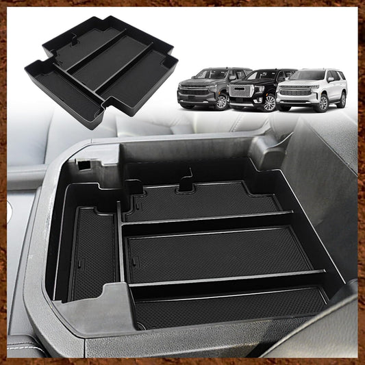 Muslogy for 2021-2024 2025 Sliding Console Yukon Tahoe Suburban Center Organizer Armrest Storage Tray Compatible with GMC Yukon Chevy Tahoe Suburban Fit for Power Sliding Console (Black)