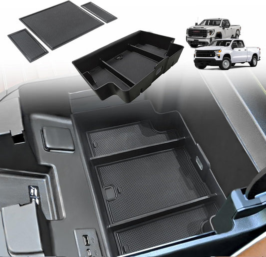 Muslogy Center Console Organizer Compatible with 2022-2025 Chevy Silverado/GMC Sierra 1500, 2024 Silverado & Sierra 2500 3500HD Armrest Storage - Full w/Bucket Seats ONLY(Console Tray&Mats Set)