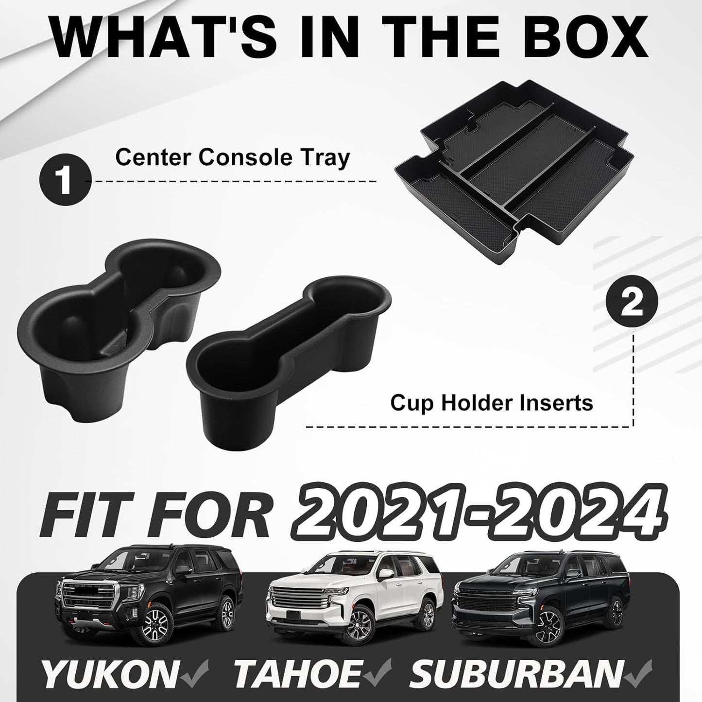 Muslogy Center Console Organizer & Cup Holder Inserts Compatible with 2021-2024 GMC Yukon Chevy Tahoe Suburban Accessories Front & Rear Drink Holder & Armrest Storage Box(Power Sliding Console)