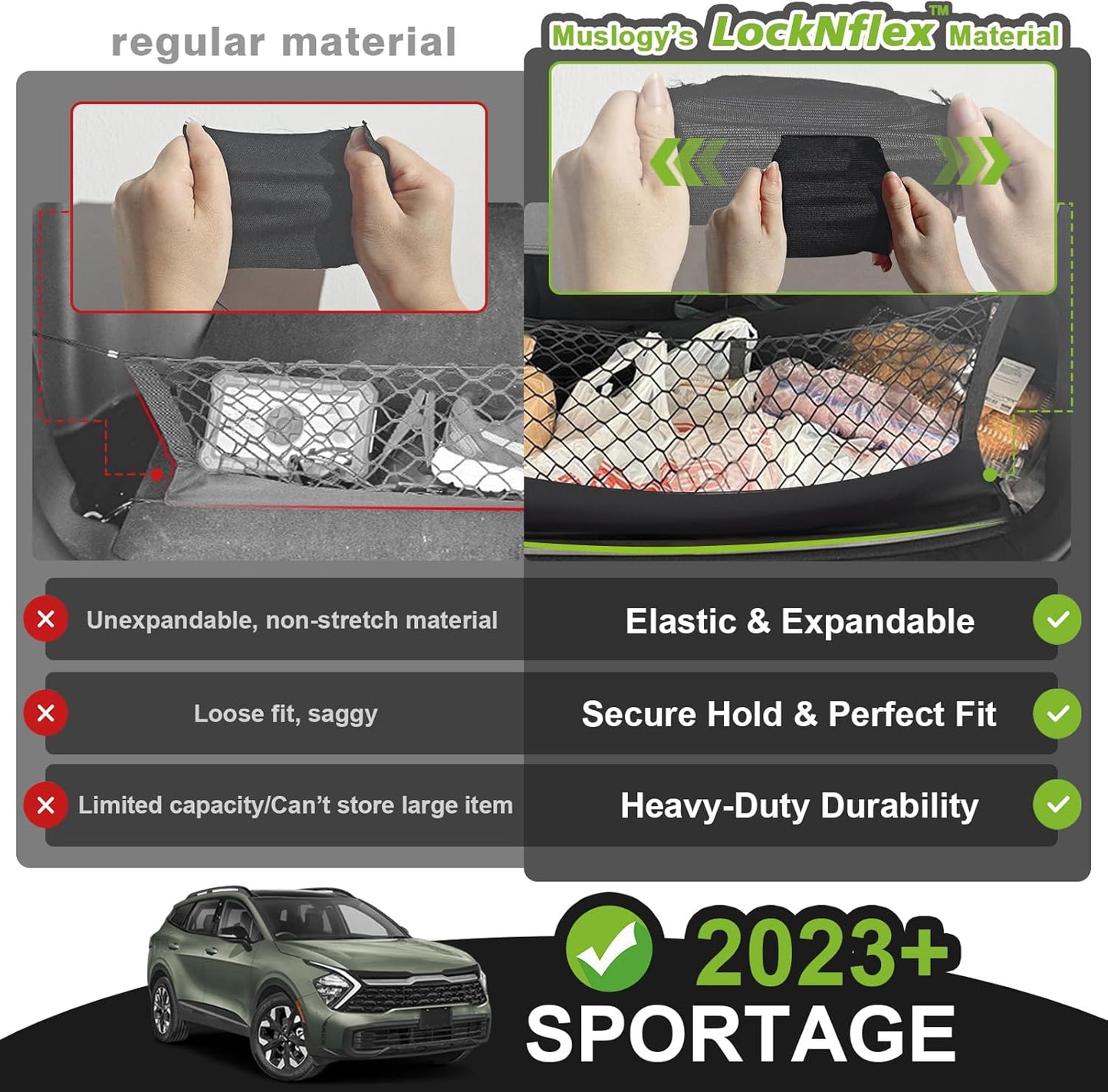 Muslogy Envelope Style Trunk Cargo Net Compatible with 2023 2024 2025 2026 Kia Sportage Accessories Stretchable Cargo Organizer Upgraded Mesh Storage Luggage Net with Metal Hooks