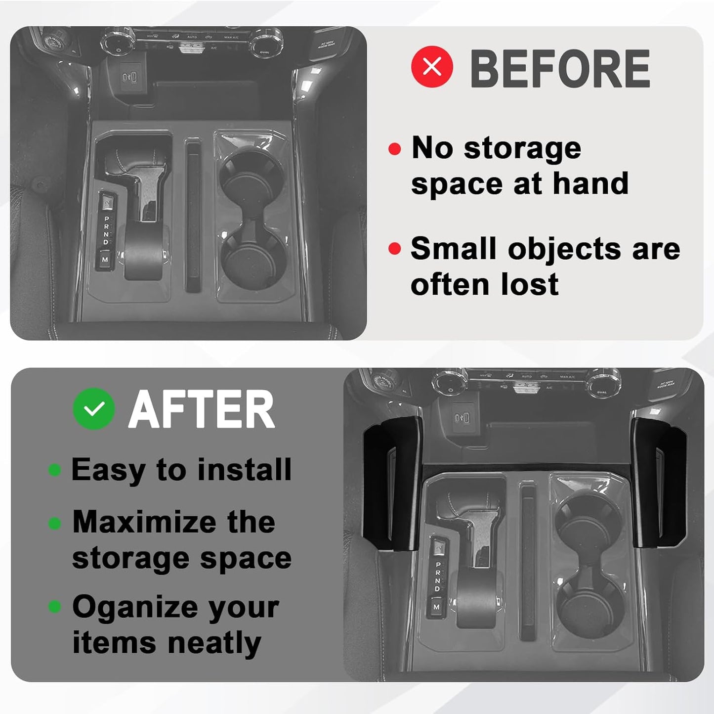 Muslogy Center Console Organizer Compatible with 2021-2024 2025 Ford F150 Accessories Hanging Storage Box Console Left & Right Phone Pocket Gear Shift Side Organizer