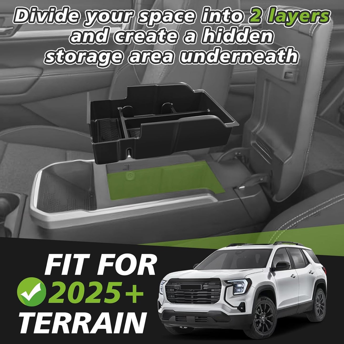 Muslogy Center Console Organizer Compatible with 2025 2026 GMC Terrain Accessories Armrest Middle Console Divider Storage Box with with Anti-Slip Mats Interior Insert Tray