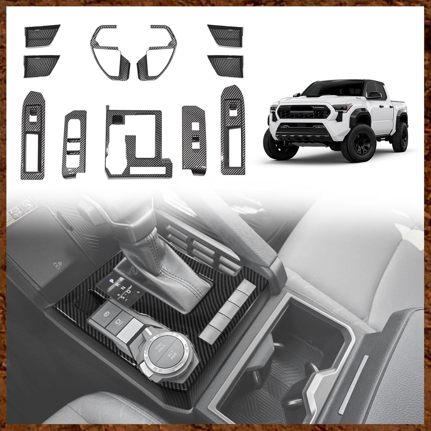 Muslogy Interior Trim Kit Cover 11PCS Compatible with 2024 2025 Toyota Tacoma&2025 4Runner Steering Wheel Center Console Window Switch Inner Door Cover(Won't Fit 2Door Tacoma) (Matte Carbon Fiber)