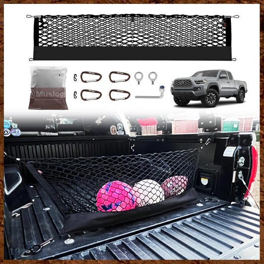 Muslogy Truck Bed Cargo Net Compatible with Toyota Tacoma 2005-2022 2023 Accessories Storage Organizer Pickup Truck Bed Envelope Style Cargo Net with Heavy Duty Carabiner