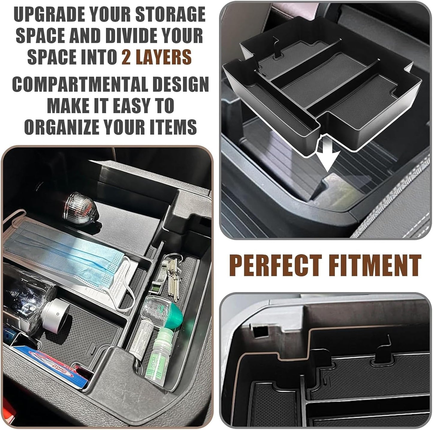 Muslogy Center Console Organizer & Cup Holder Inserts Compatible with 2021-2024 GMC Yukon Chevy Tahoe Suburban Accessories Front & Rear Drink Holder & Armrest Storage Box(Power Sliding Console)