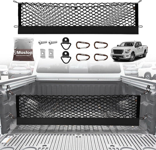 Muslogy Truck Bed Cargo Net Compatible with Nissan Titan 2017-2025 Accessories Storage Organizer Pickup Truck Bed Envelope Style Cargo Net with Heavy Duty Carabiners