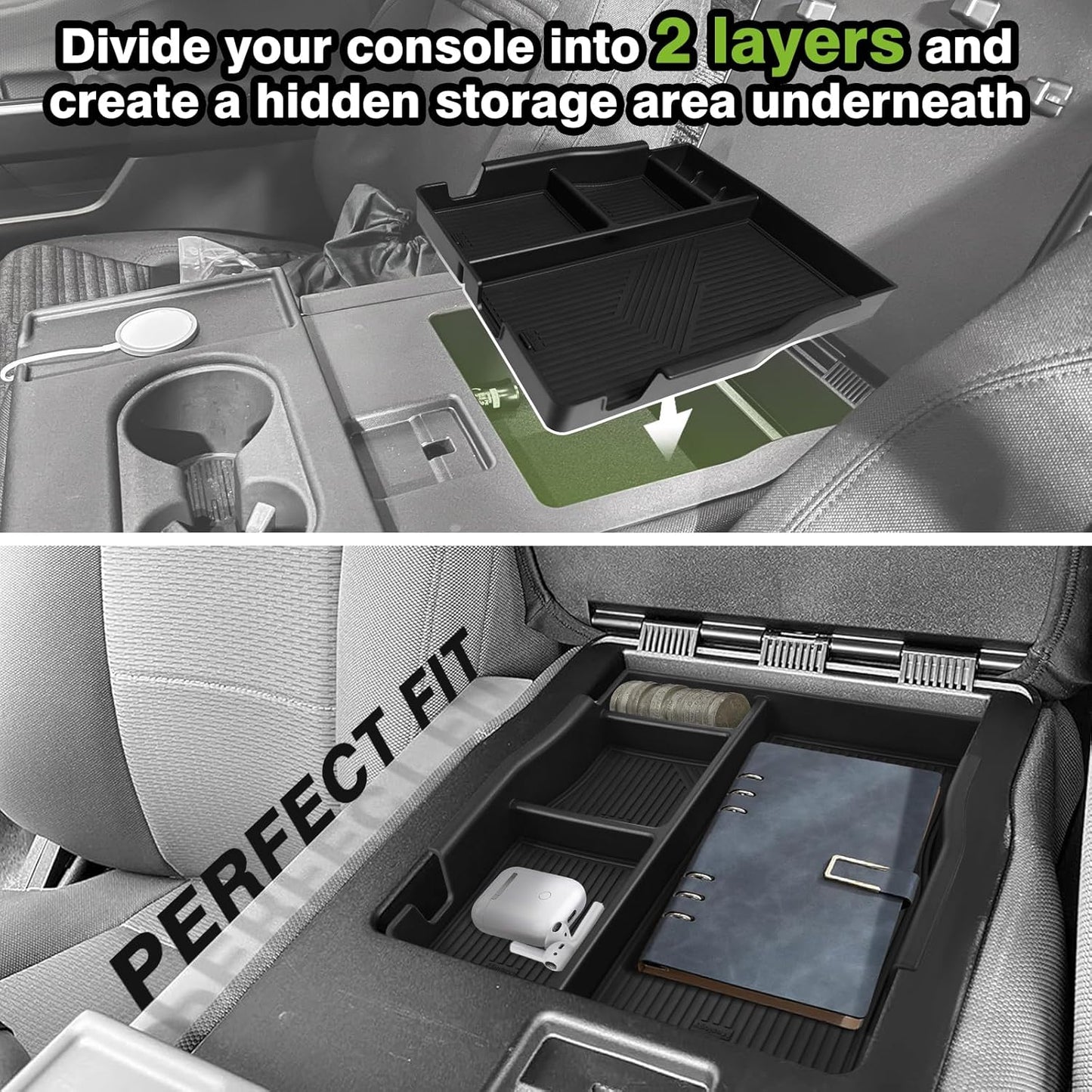 Muslogy Jump Seat Center Console Organizer Fits for Ford F150 2021-2024 2025 Accessories Storage Insert Box Console Armrest Divider(Jump Seat ONLY) - Upper Organizer