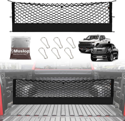 Muslogy Truck Bed Cargo Net Compatible with 2013-2025 Chevy Silverado & GMC Sierra 1500/2500HD/3500HD Accessories Storage Organizer Pickup Truck Bed Envelope Style Cargo Net with Heavy Duty Carabiners
